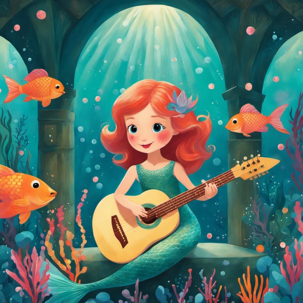 Mermaid Princess Playing Guitar in Underwater Castle