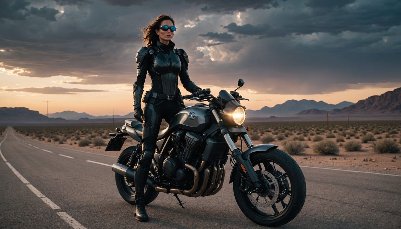 Lone Agent in Desert Dusk Amidst Cybernetic Storm