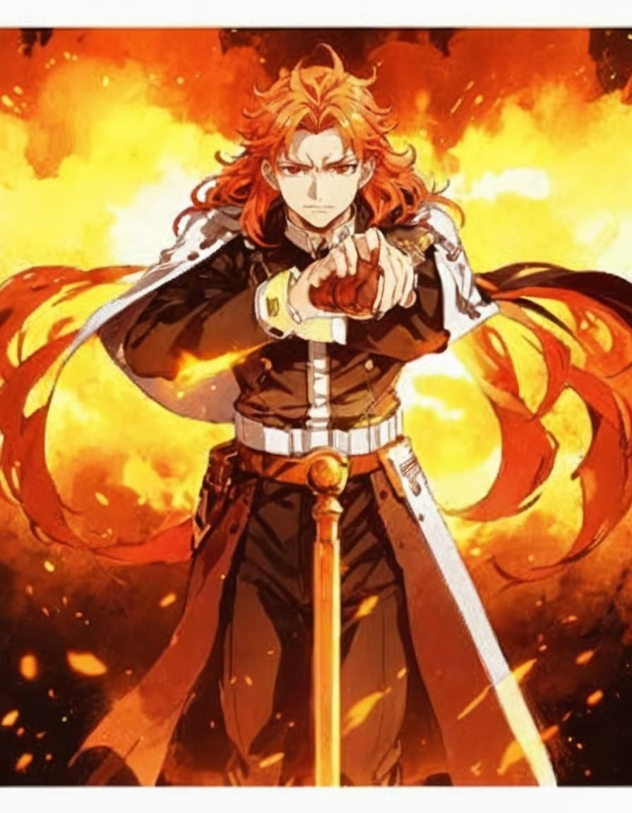 Anime Man with Fiery Hair, Cel-Shaded Style