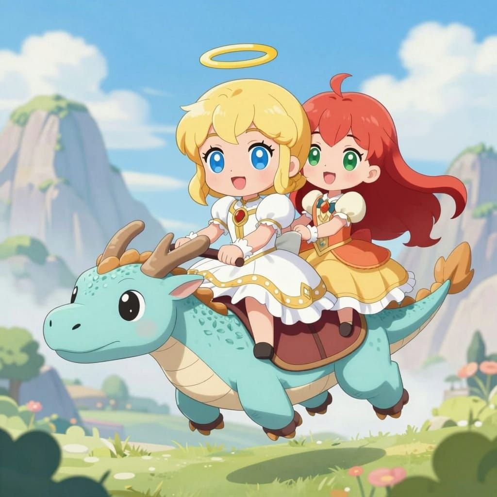 Chibi Angel and Princess Ride Dragon Through Fantasy Mountai...