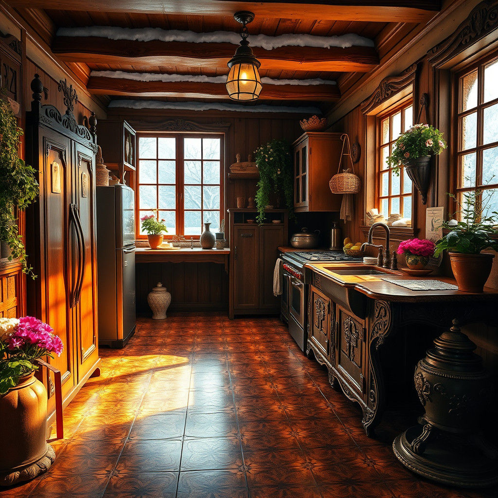 Rustic Winter Cottage Kitchen in Spanish Colonial Style