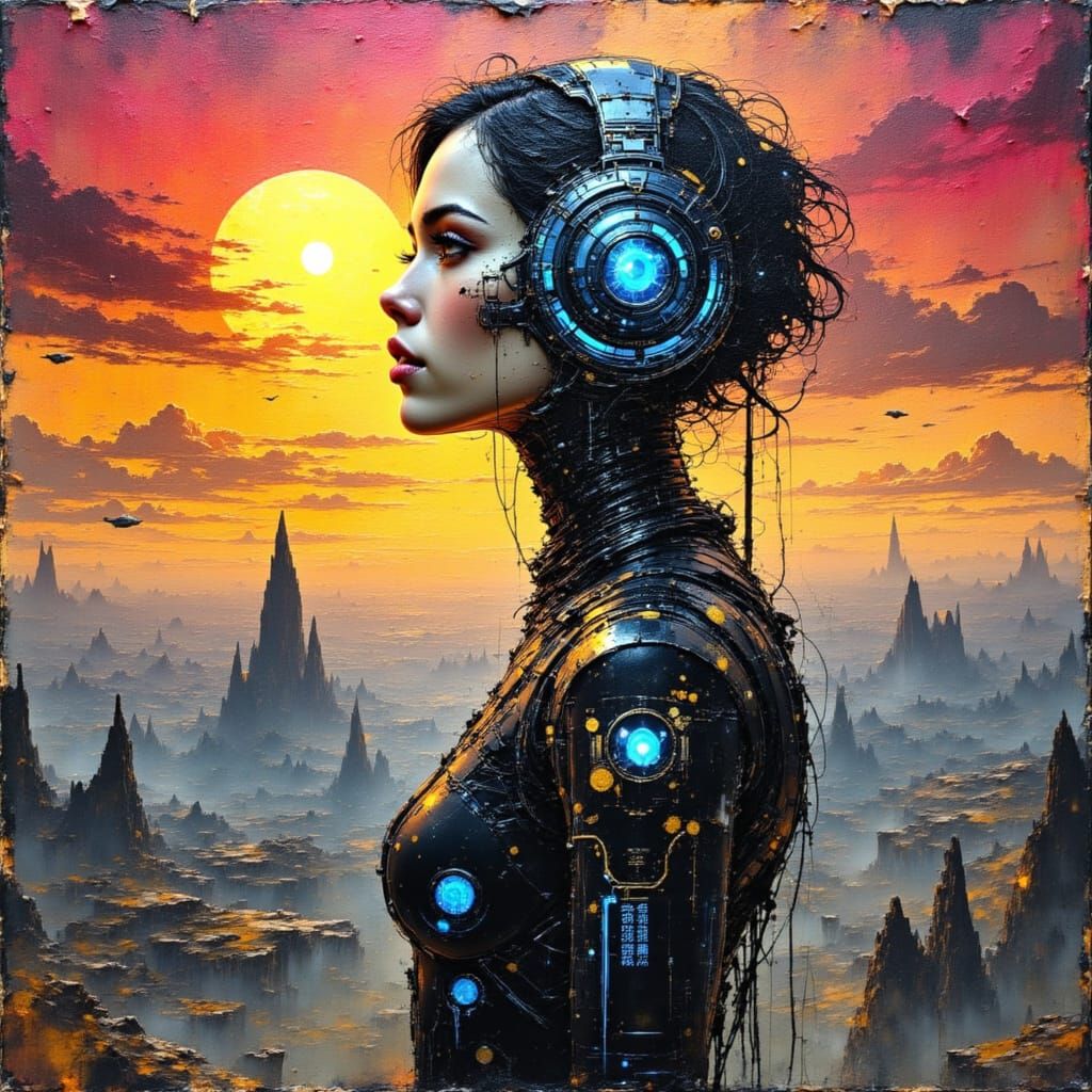 Futuristic Cyborg in Impasto Oil Painting Style