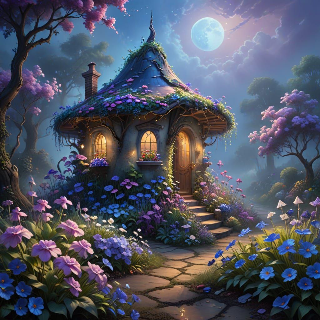 Surrealistic Garden Oasis in Vibrant Blues and Purples