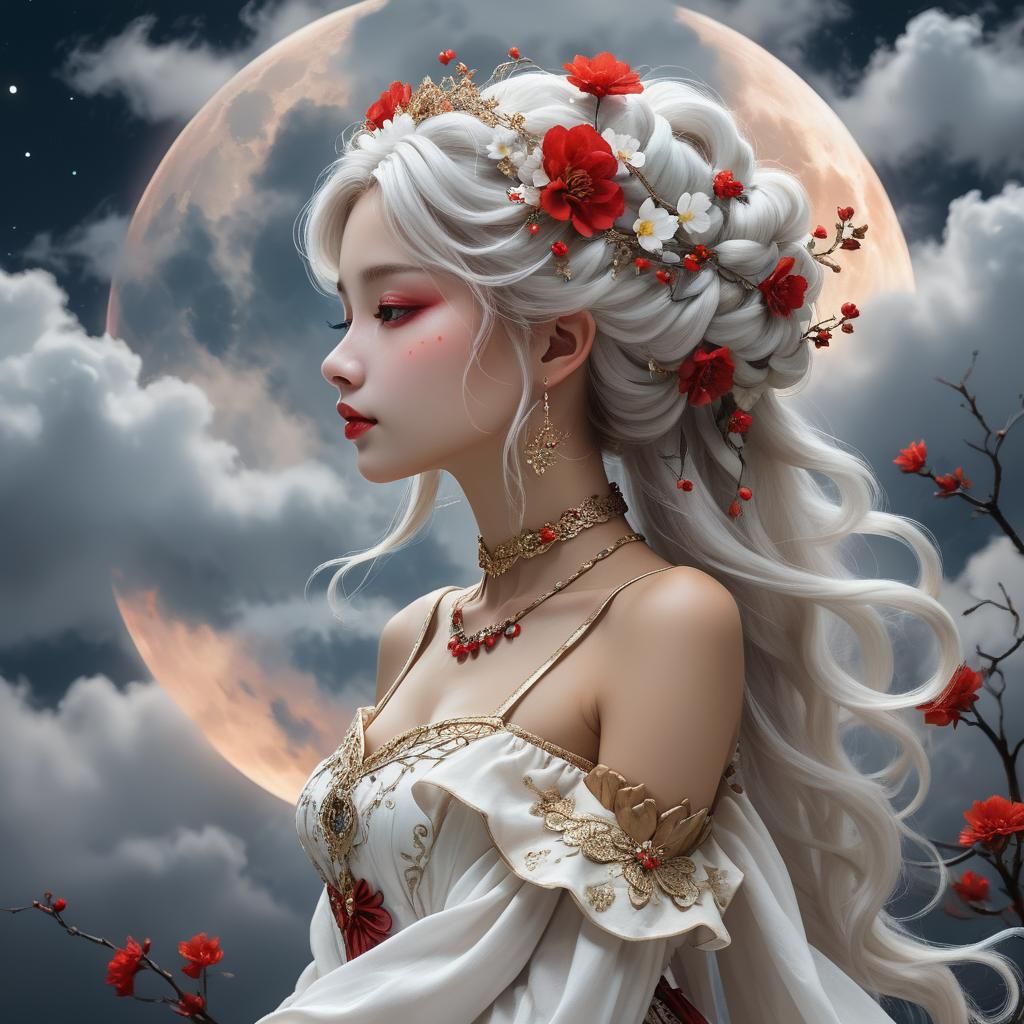 Ethereal Wood Nymph Watching the Red Moon