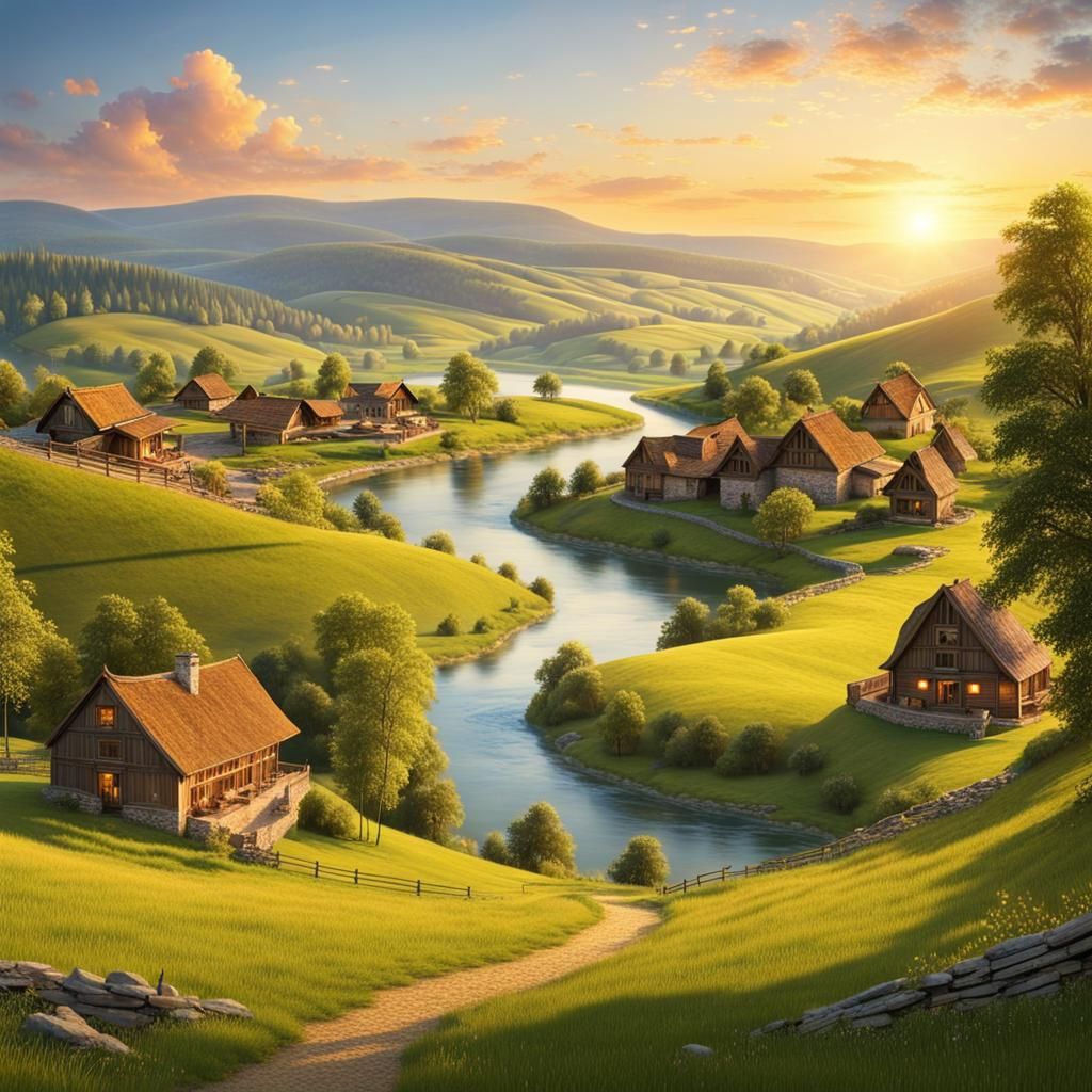 Sunset Over Rolling Hills and Lush Meadows