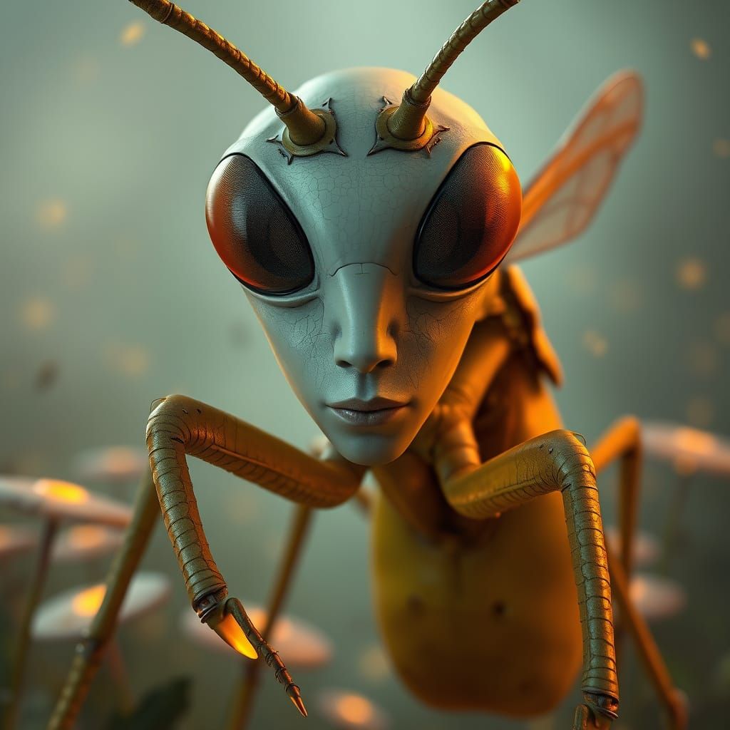 Surrealistic Humanoid Insect Hybrid in Dreamlike Garden
