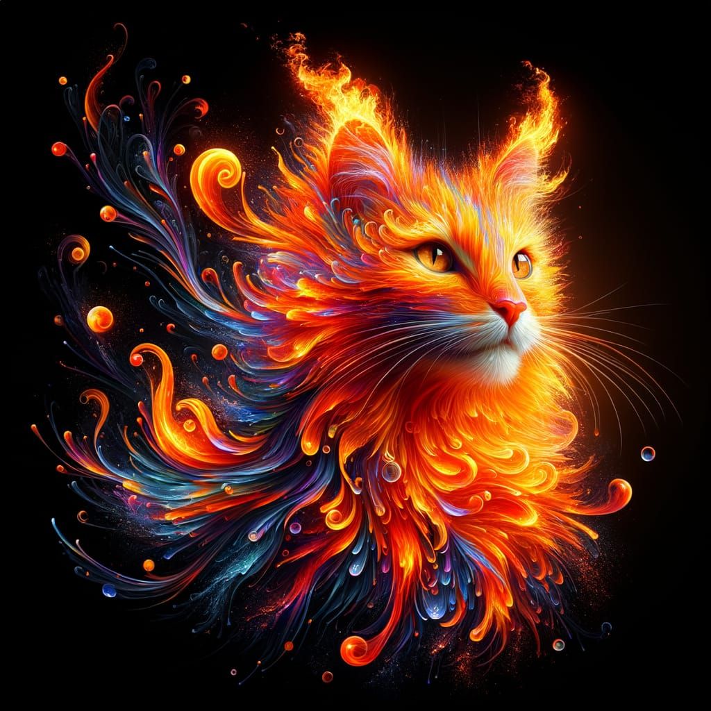 Fiery Cat Masterpiece in Acrylic and Watercolor Style