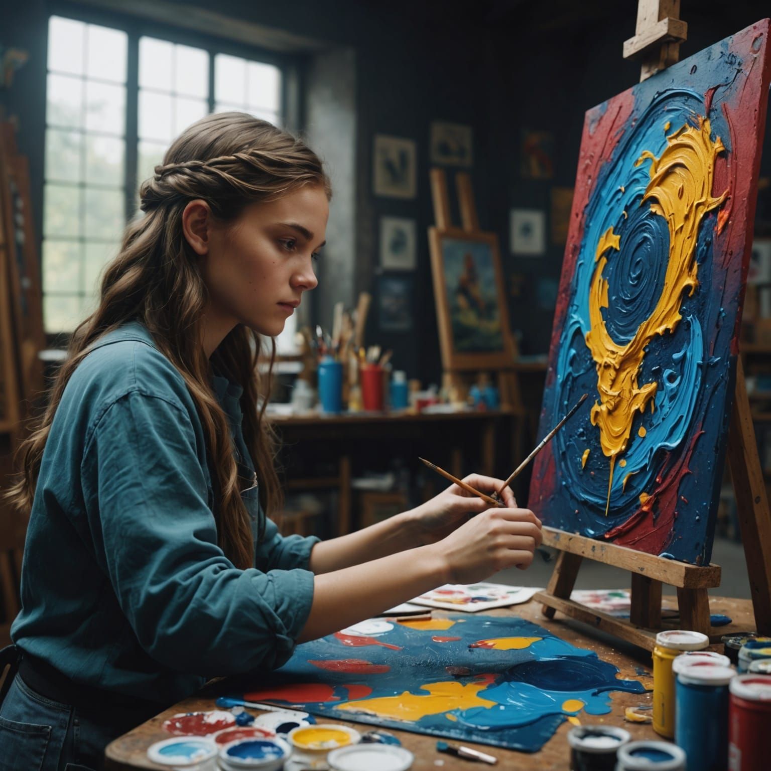 Girl Painting Artwork in Art Class