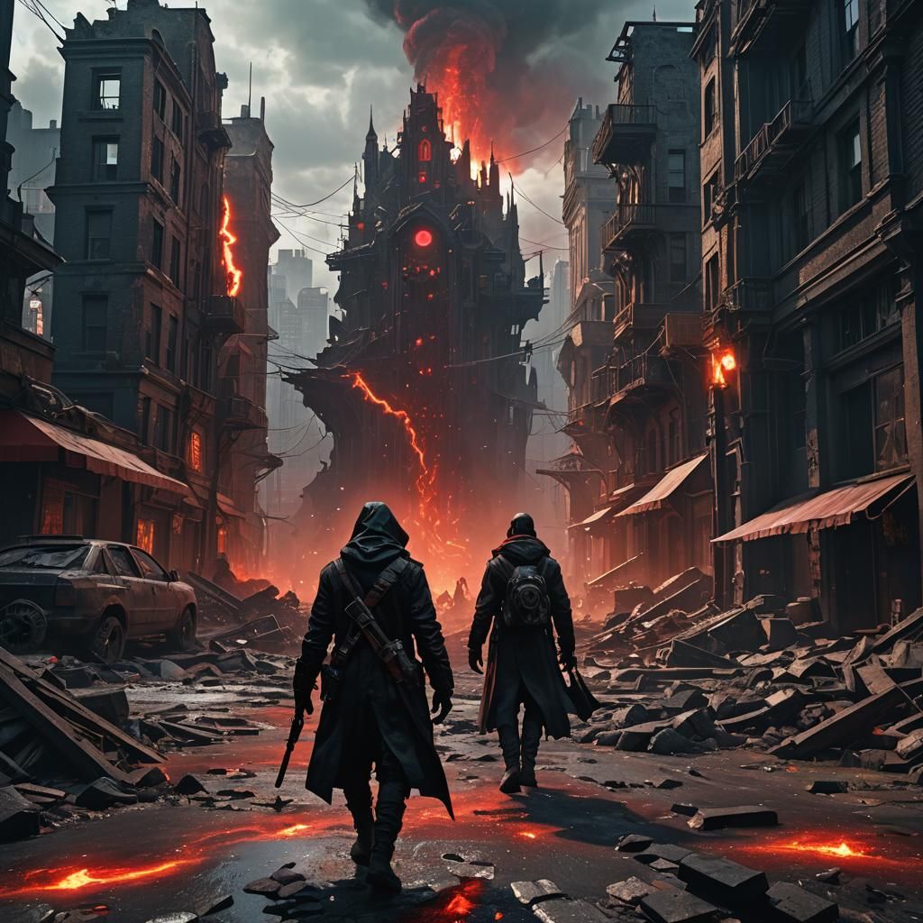 Post-Apocalyptic Shadow Figure in Crumbling City