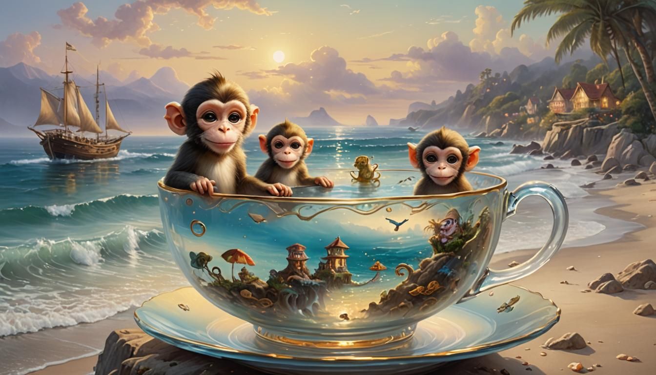 Monkey Smile in Teacup on Beach: Fantasy Art
