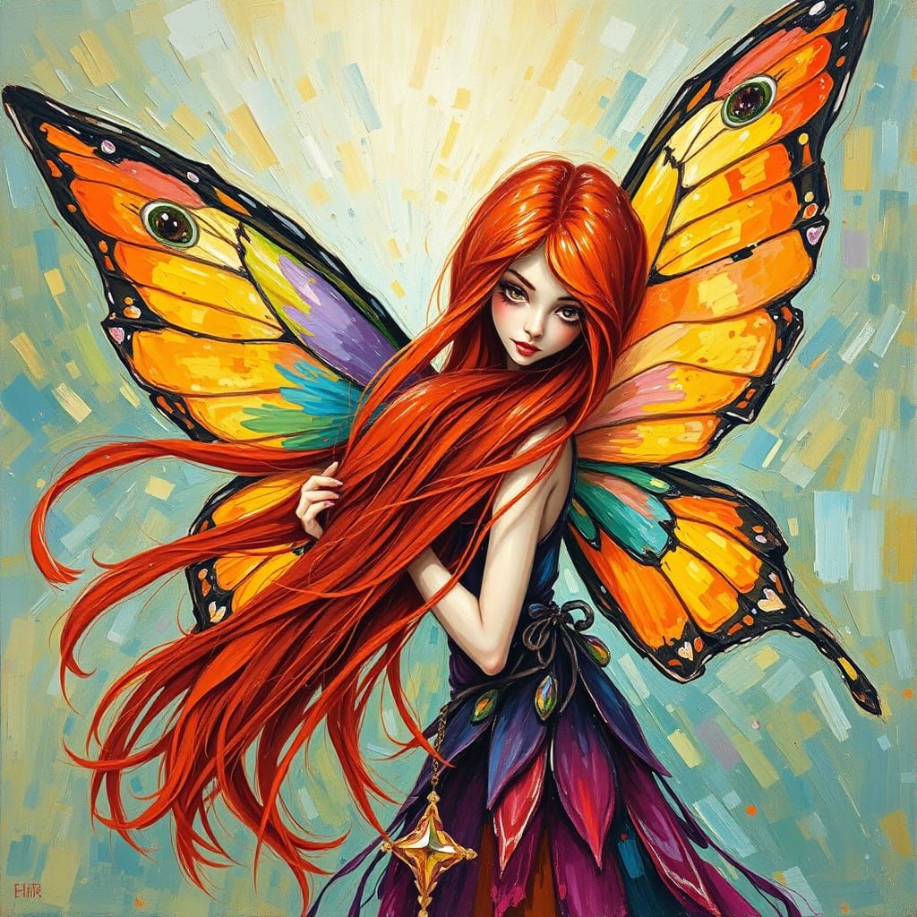 Butterfly Fairy with Red Hair in Neo-Impressionist Style