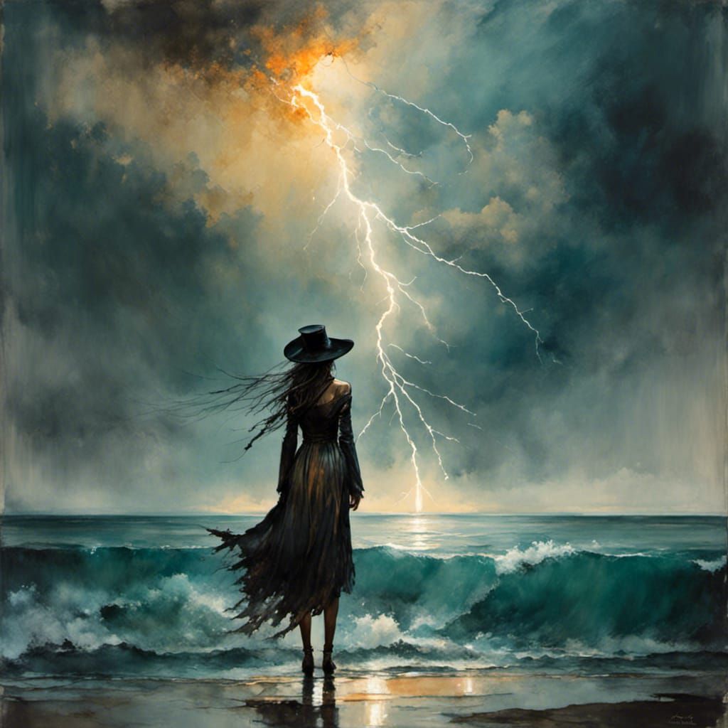 Spirit Witch Gazing at Lightning: Hyperrealistic Splash Art