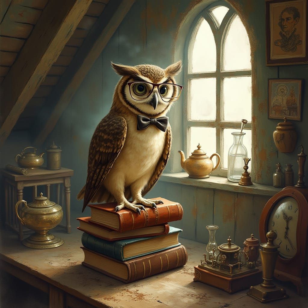 Wise Owl in Attic, Watercolor Style