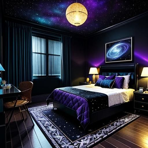 Night Sky Bedroom with Starry Walls in Art Deco Style