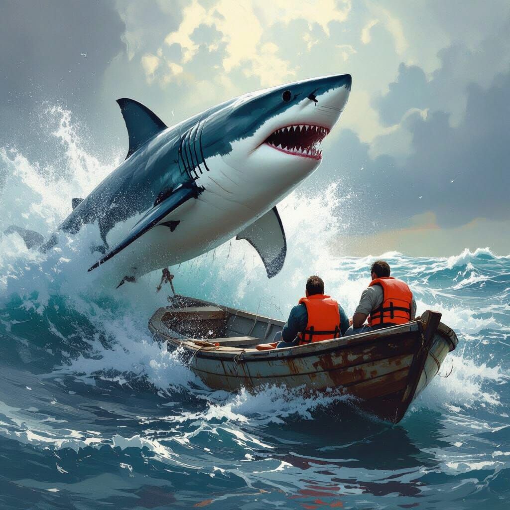 Menacing Shark Emerges Near Dinghy in Rough Seas