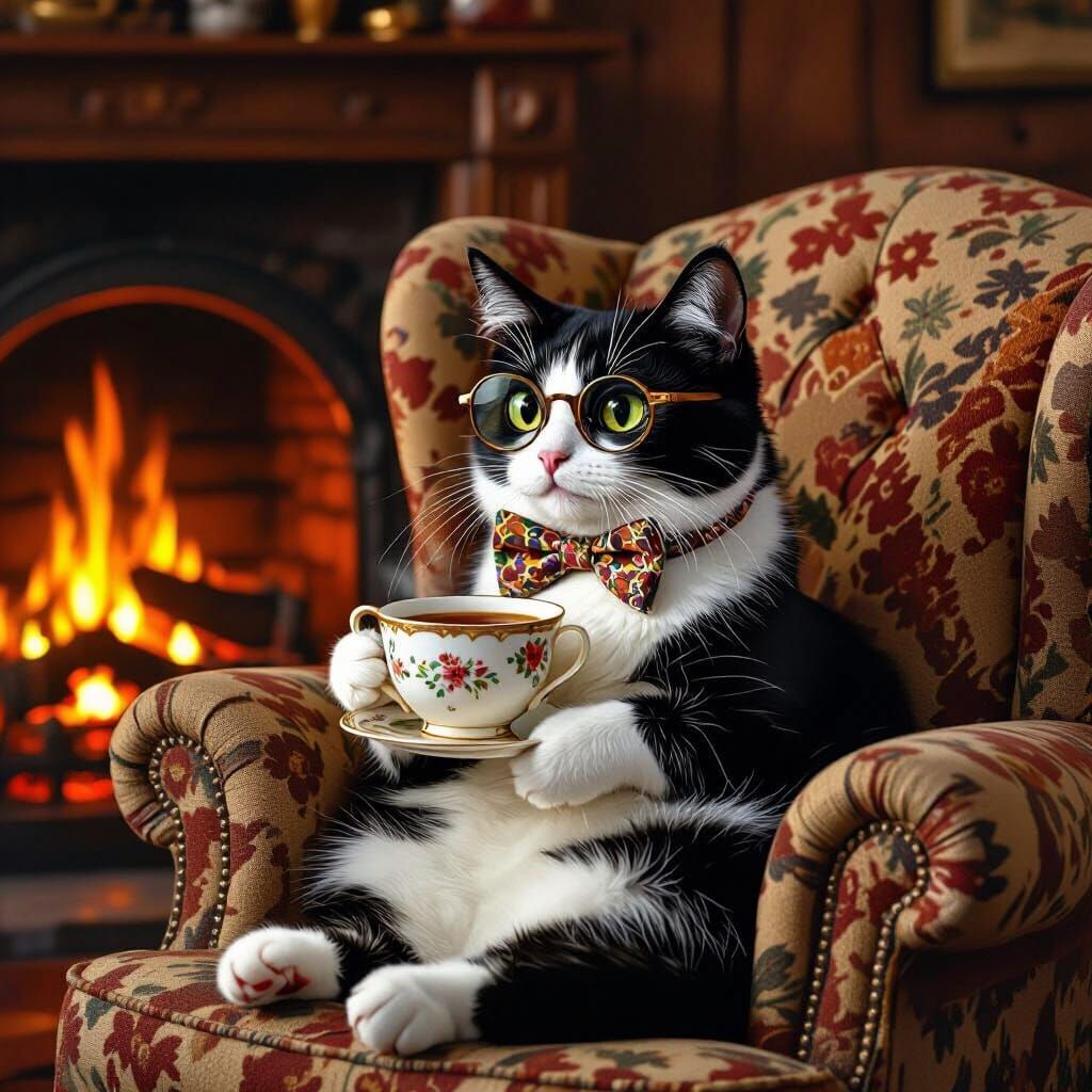 Cat Drinks Tea in Cozy Lounge, Folk Art Style