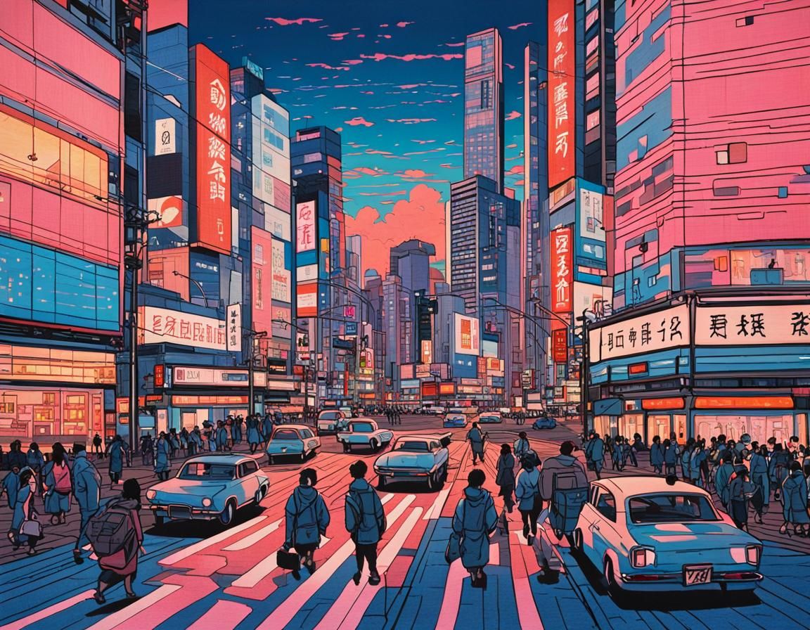 Modern Tokyo in Hokusai-Inspired Woodblock Print