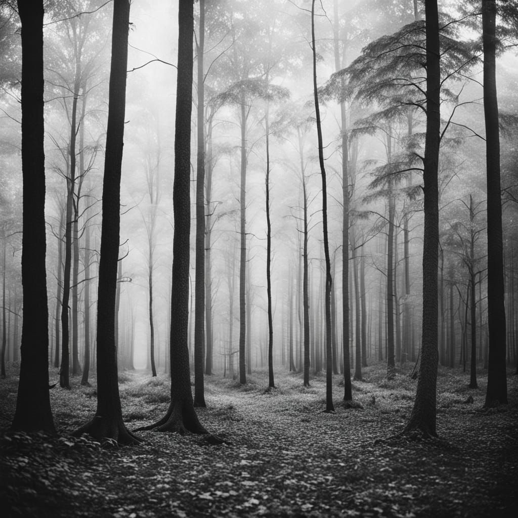 "A grainy old film photo from 1950 of a quiet forest in earl...