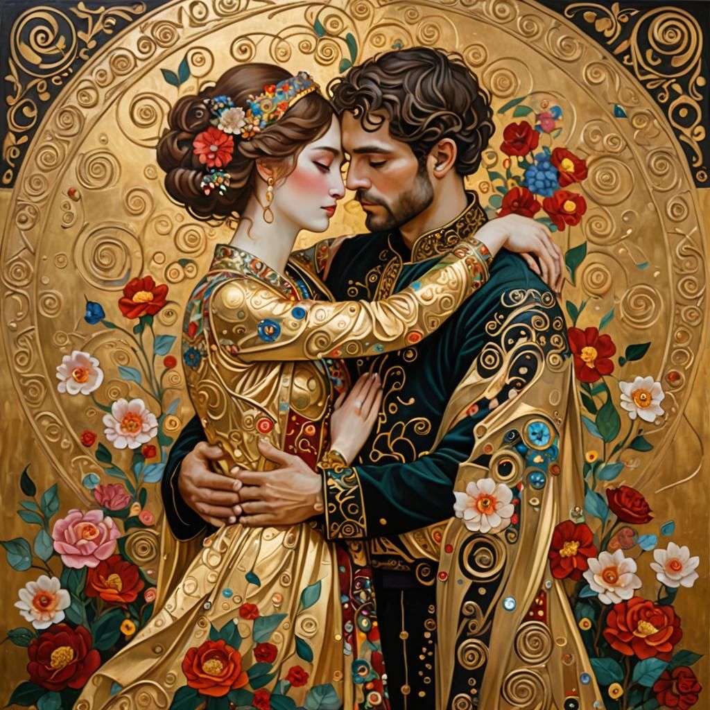 Embracing Couple in Gustav Klimt Style Painting
