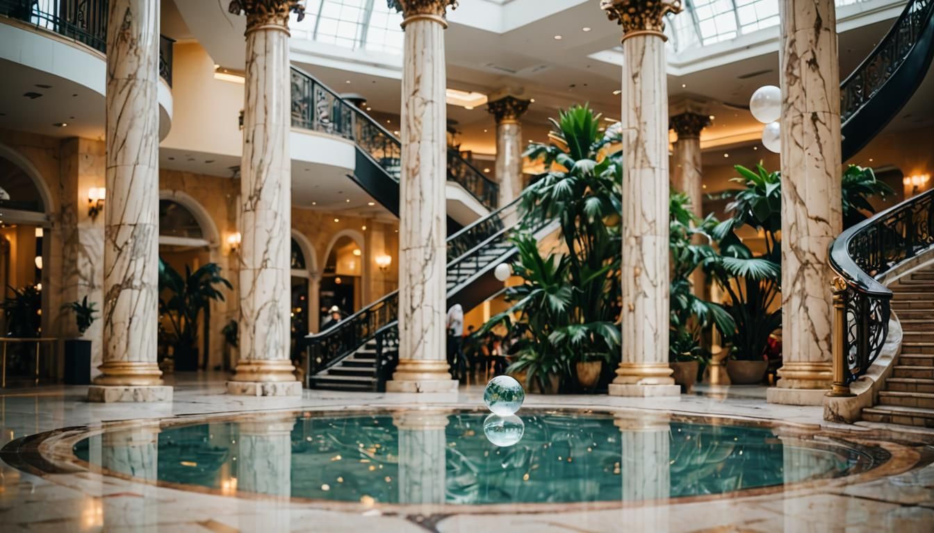 80s Palm Mall with Marble and Water