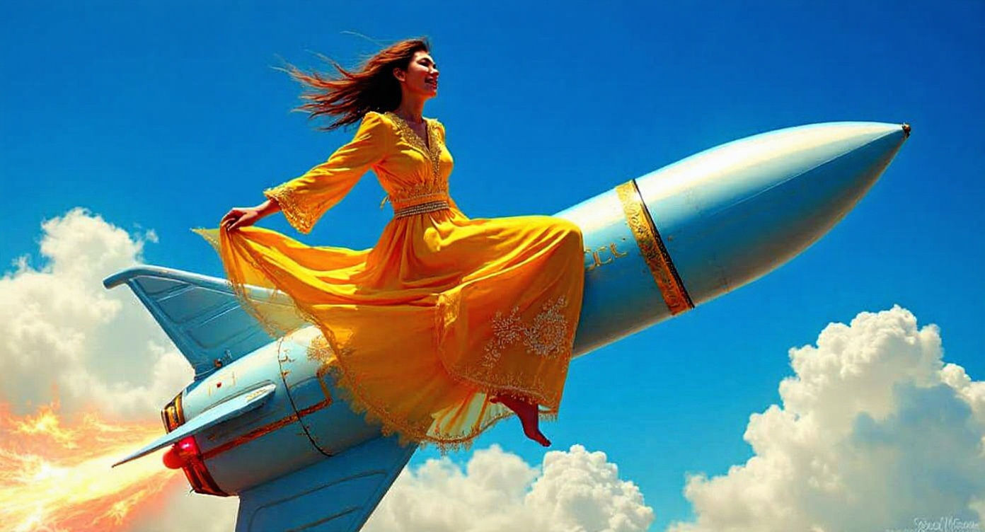 Woman on Rocket to Nirvana in Pastel Sky