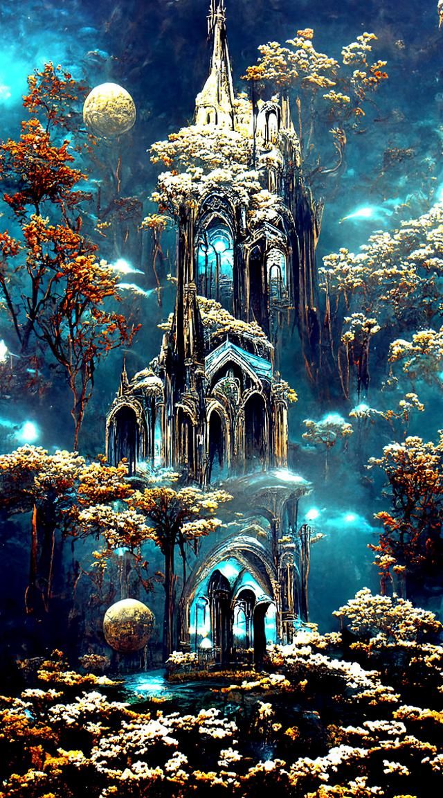 Azure Cathedral in Emerald Light: Digital Illustration