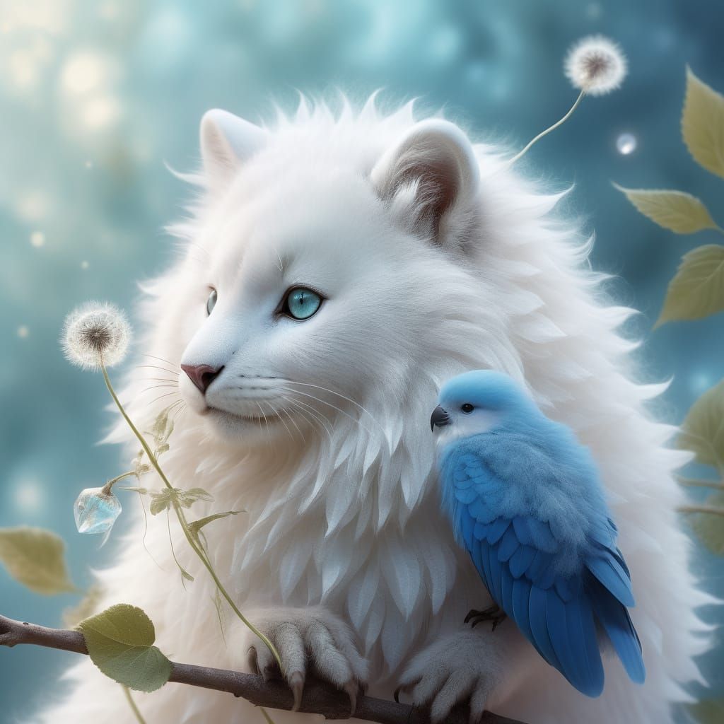 Whimsical Fantasy Creature on a Pearlescent Branch