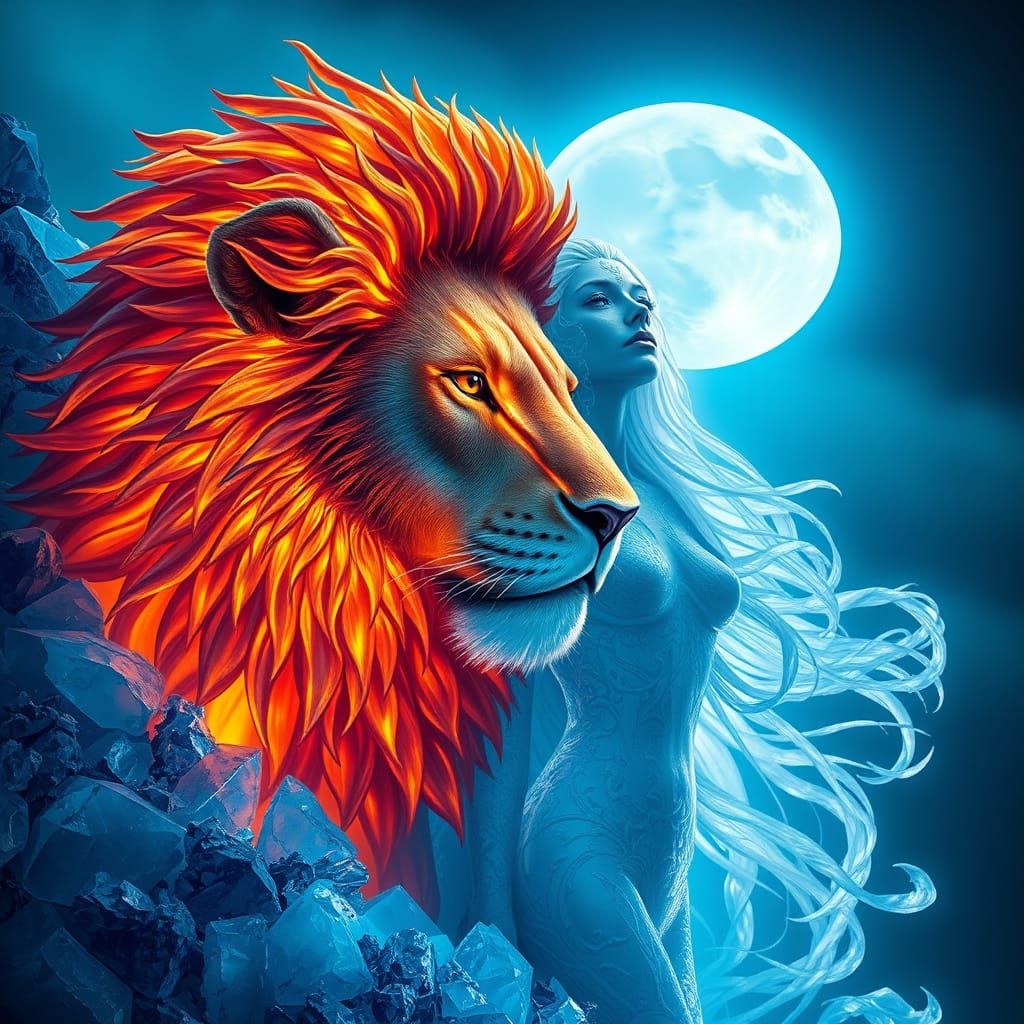 Ethereal Lioness Amidst Glowing Blue Crystal and Full Moon