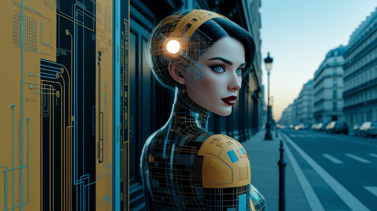 Futuristic Woman in 1920s Paris, Technical Schematic Style