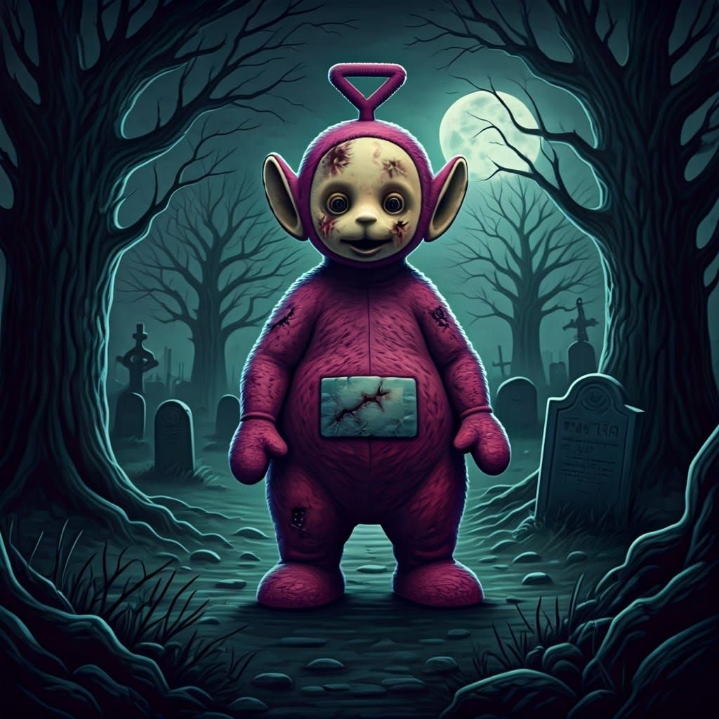 Gothic Teletubby in Haunting Graveyard Scene