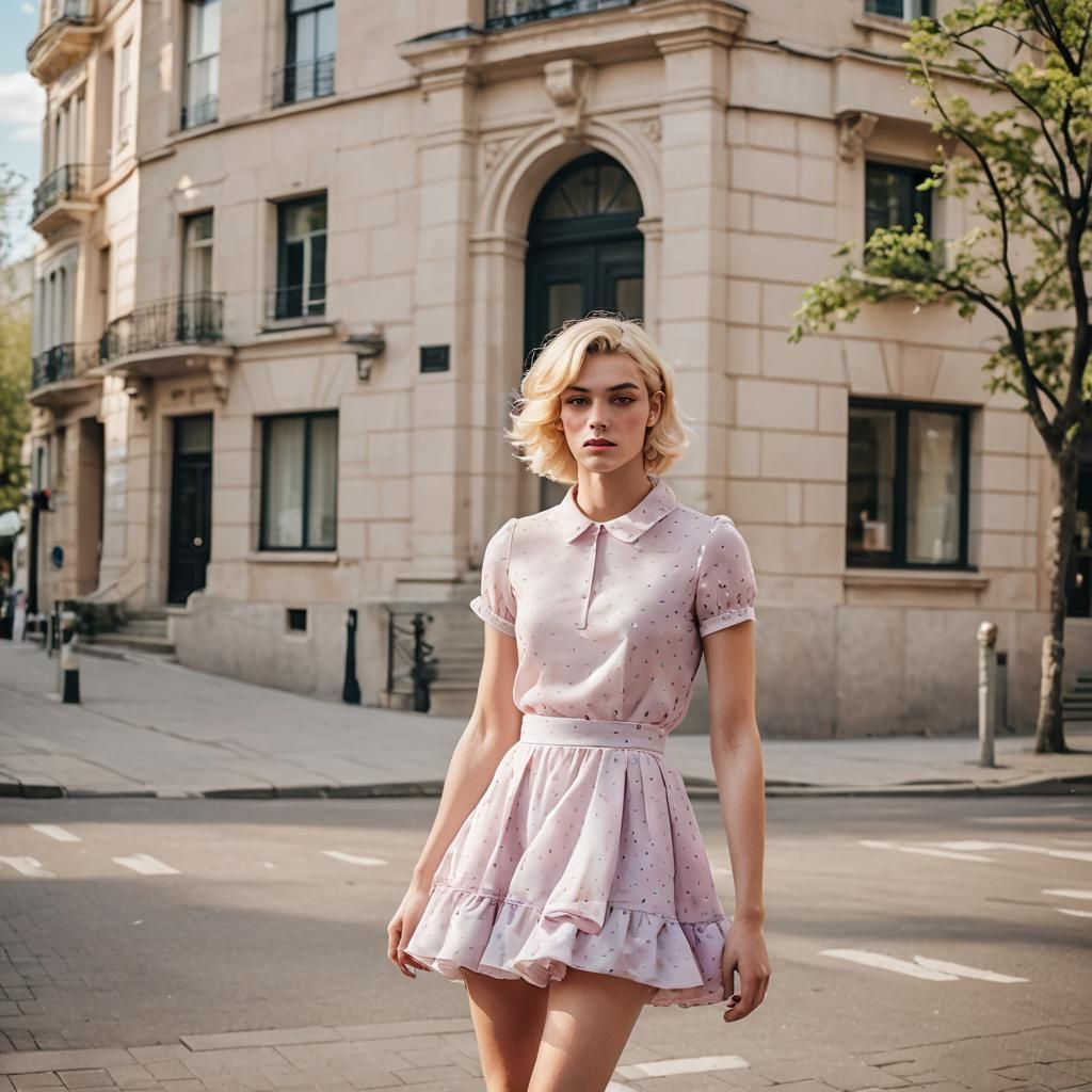 Crossdressing Blonde in Pastel Polka Dot Dress