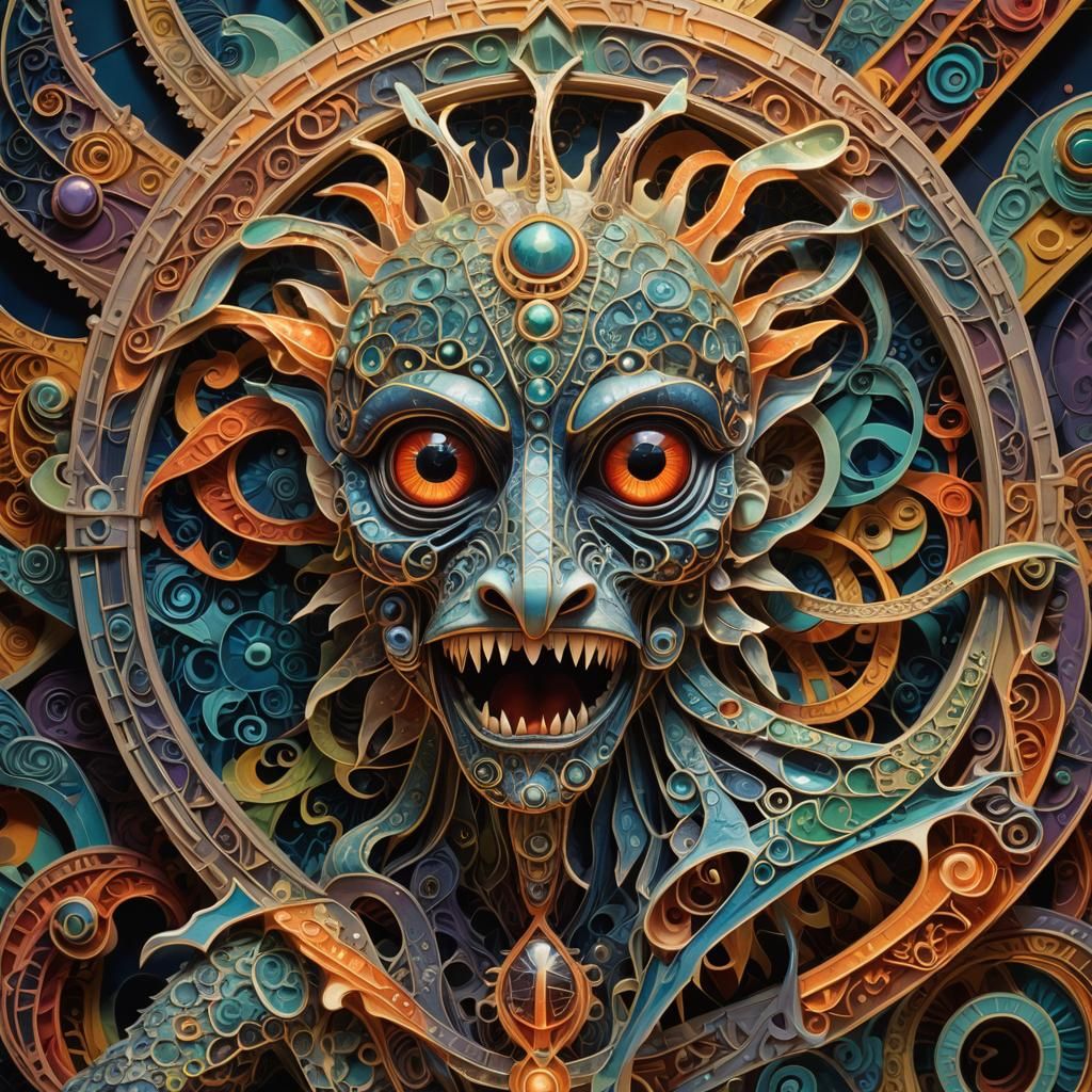 Glowing Surreal Creature with Art Deco Sign