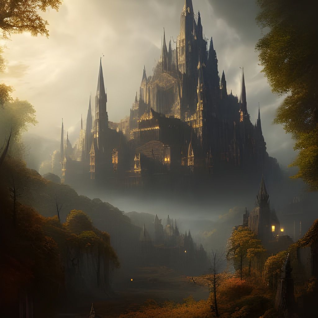 Autumn Trees and Medieval Castle in Dark Fantasy Style