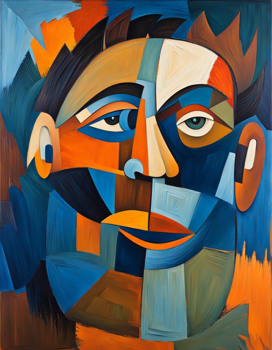 Cubist Portrait with Distorted Features in Oil