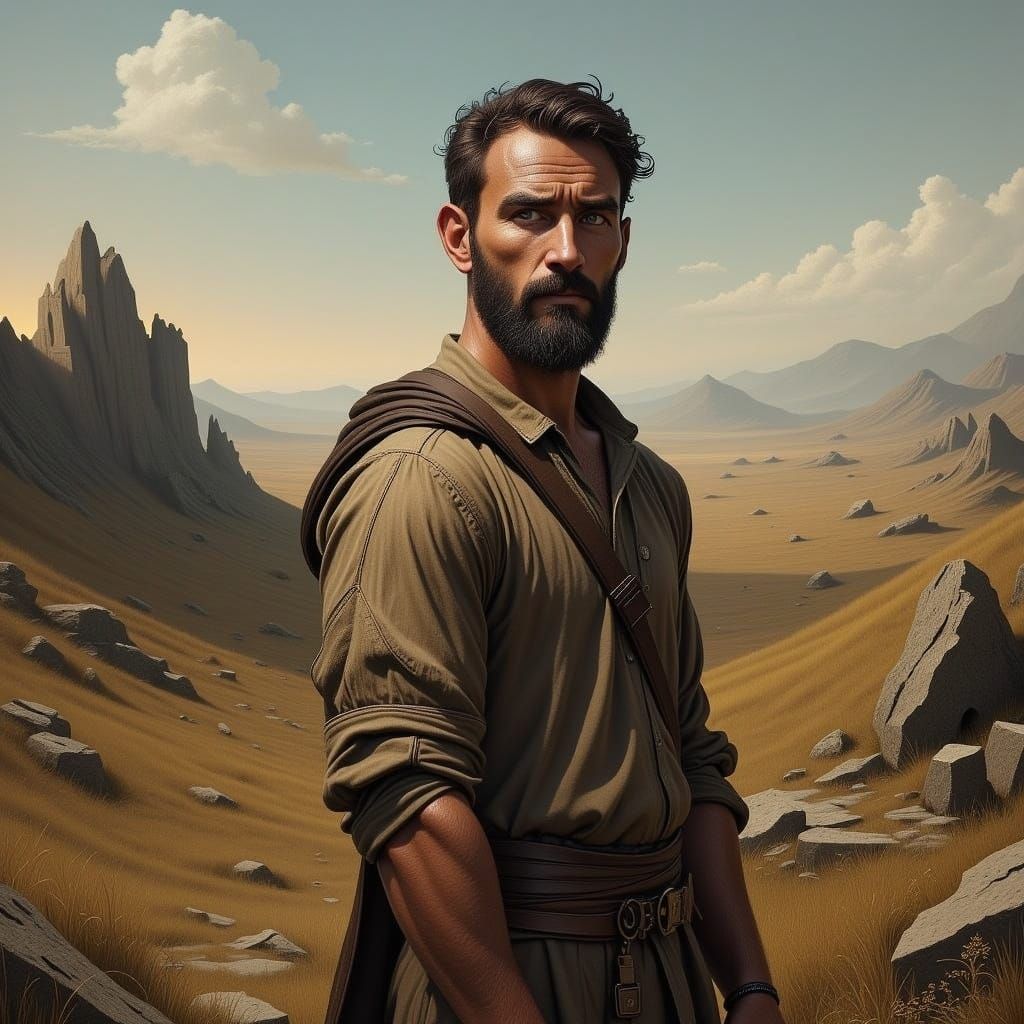 Stoic Man in Rugged Landscape, Realistic Atmospheric Style