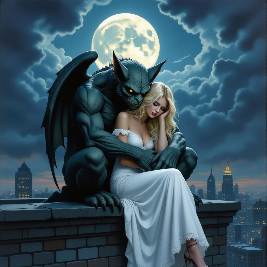 Sad Woman and Gargoyle on Rooftop in Gothic Art