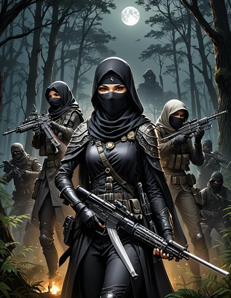 Anime-Style Veiled Warrior in Dark Forest