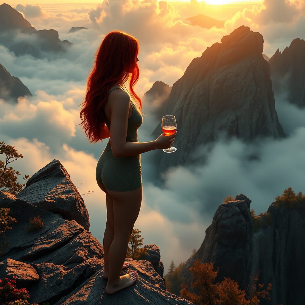 Enchanted Highland Goddess Sips Wine Amidst Whirling Mist