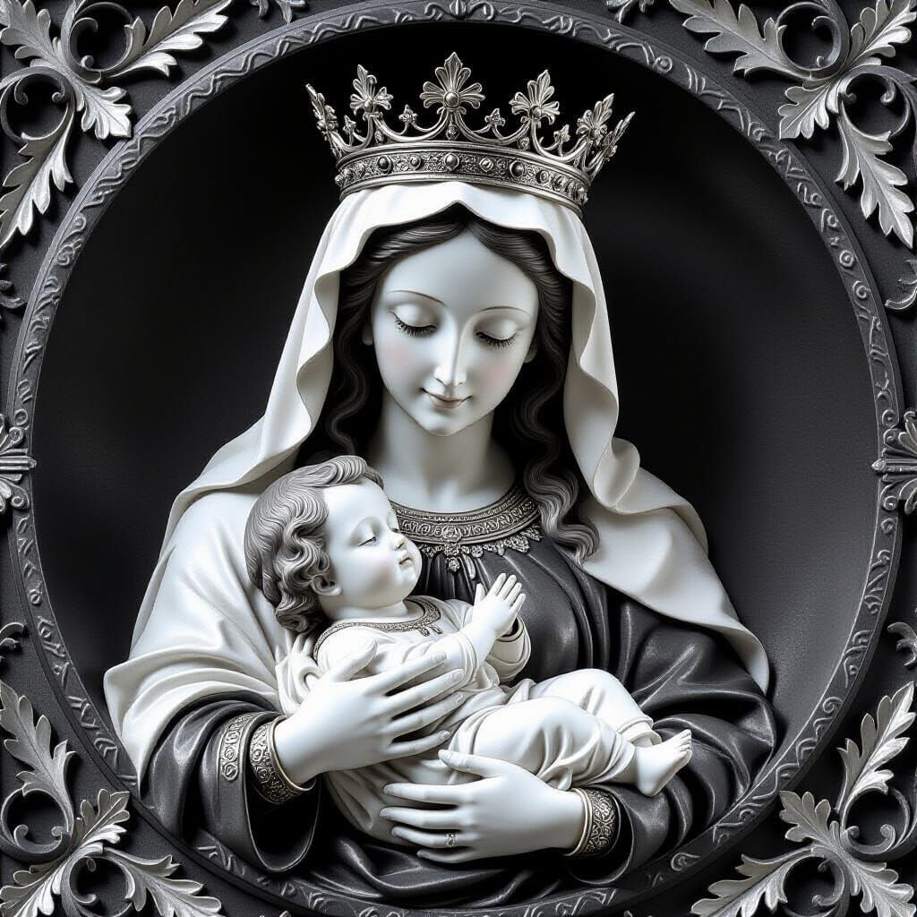 Mary and Jesus: Bas-Relief Sculpture in Baroque Style