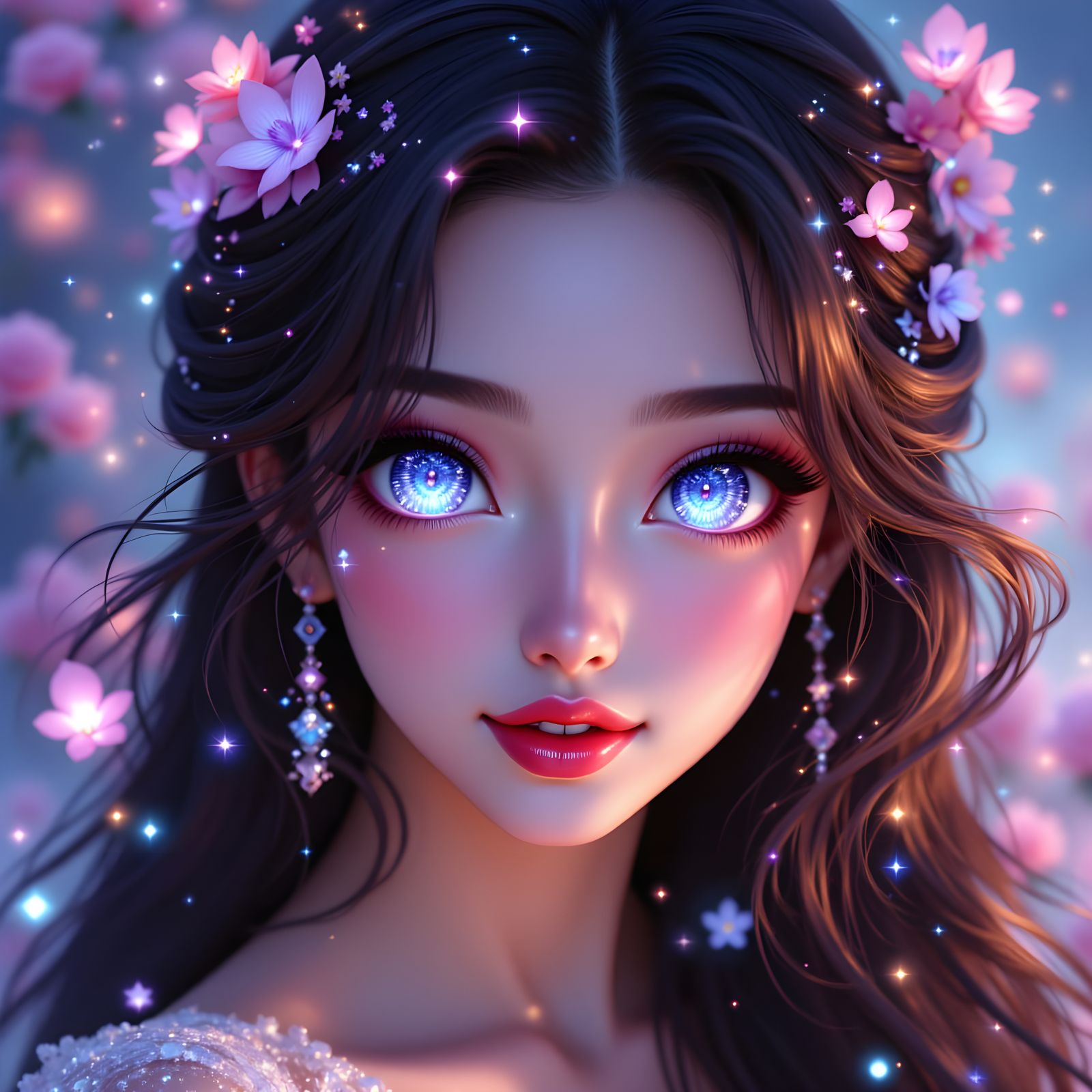 Cute Long Brown Hair Anime Fantasy Beauty in Neon Blue Glitt...