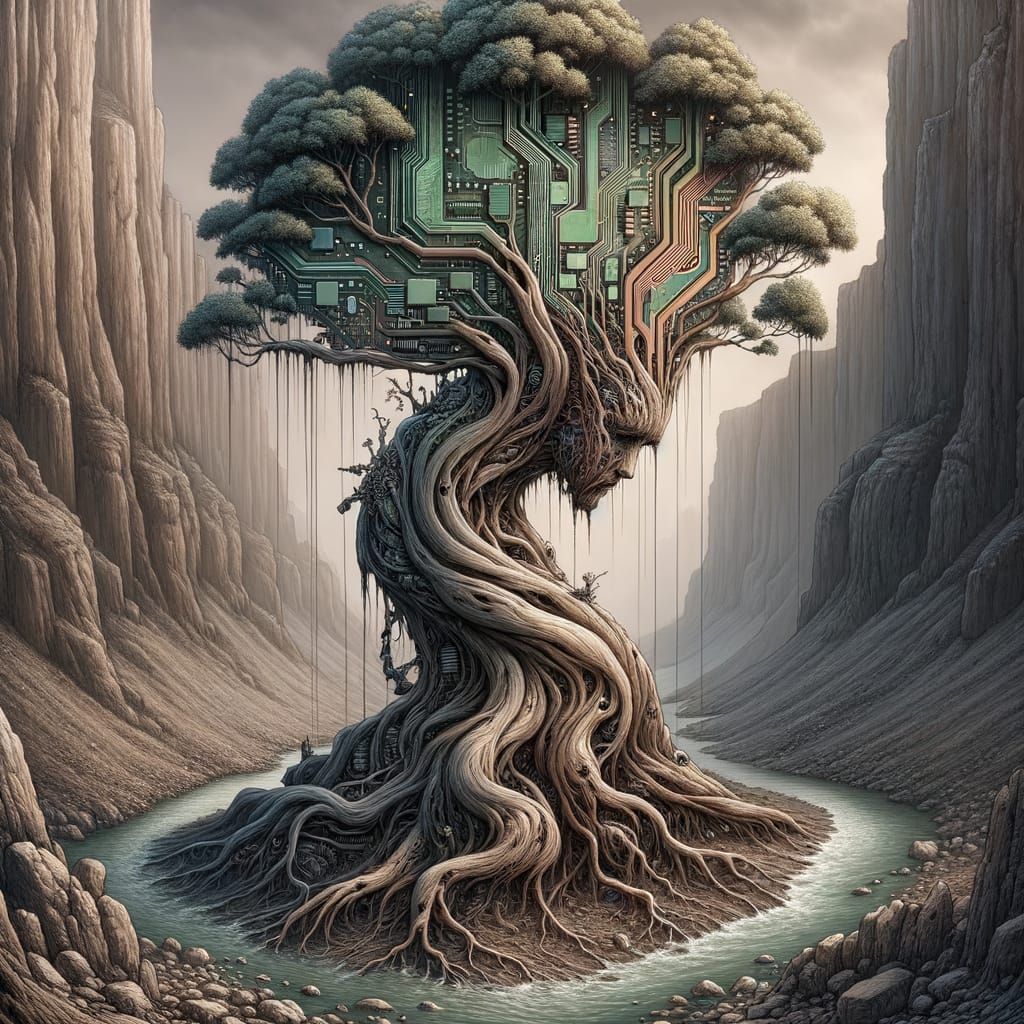 Distressed Anthropomorphic Tree with Alien Electronic Growth