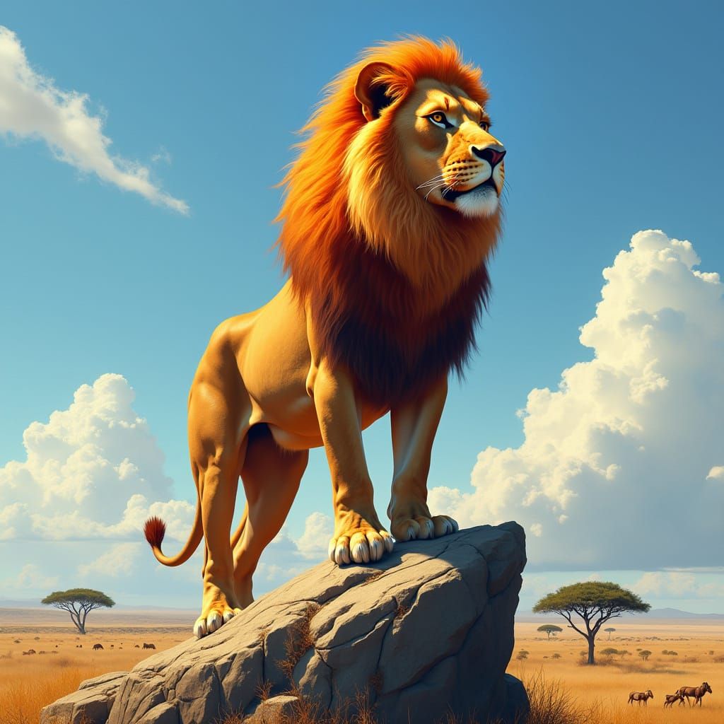 Regal Lion with Fiery Mane on Granite Outcrop