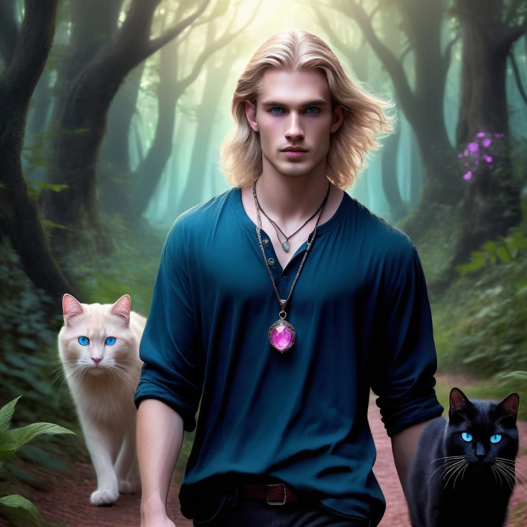 Blond Man with Cats in Fantasy Forest