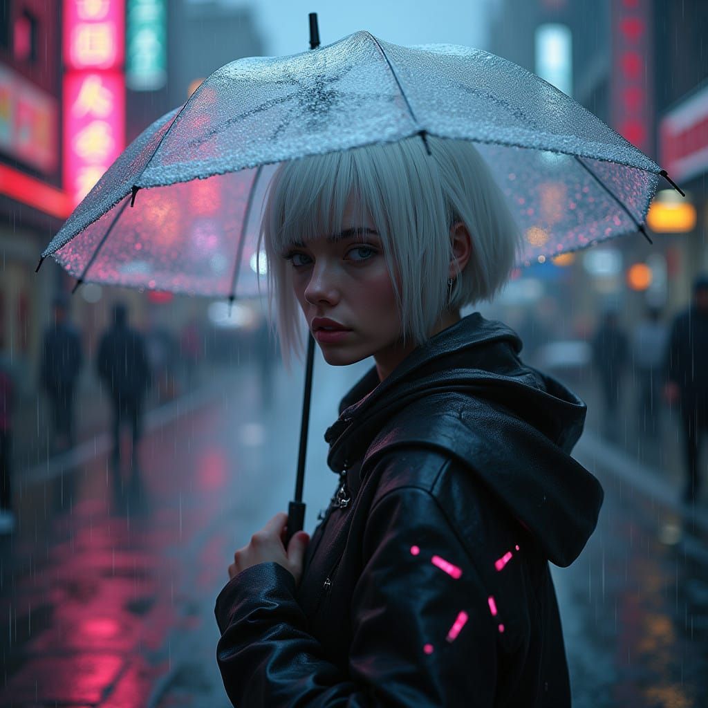 Cyberpunk Goddess in Rainy Neo-Tokyo Streets