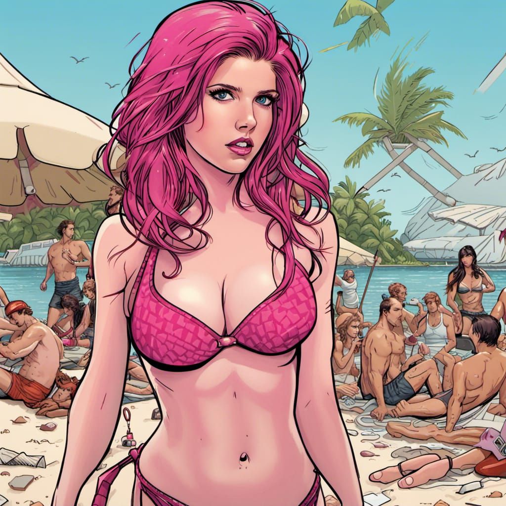 Woman with Pink Hair on Miami Beach in Bikini
