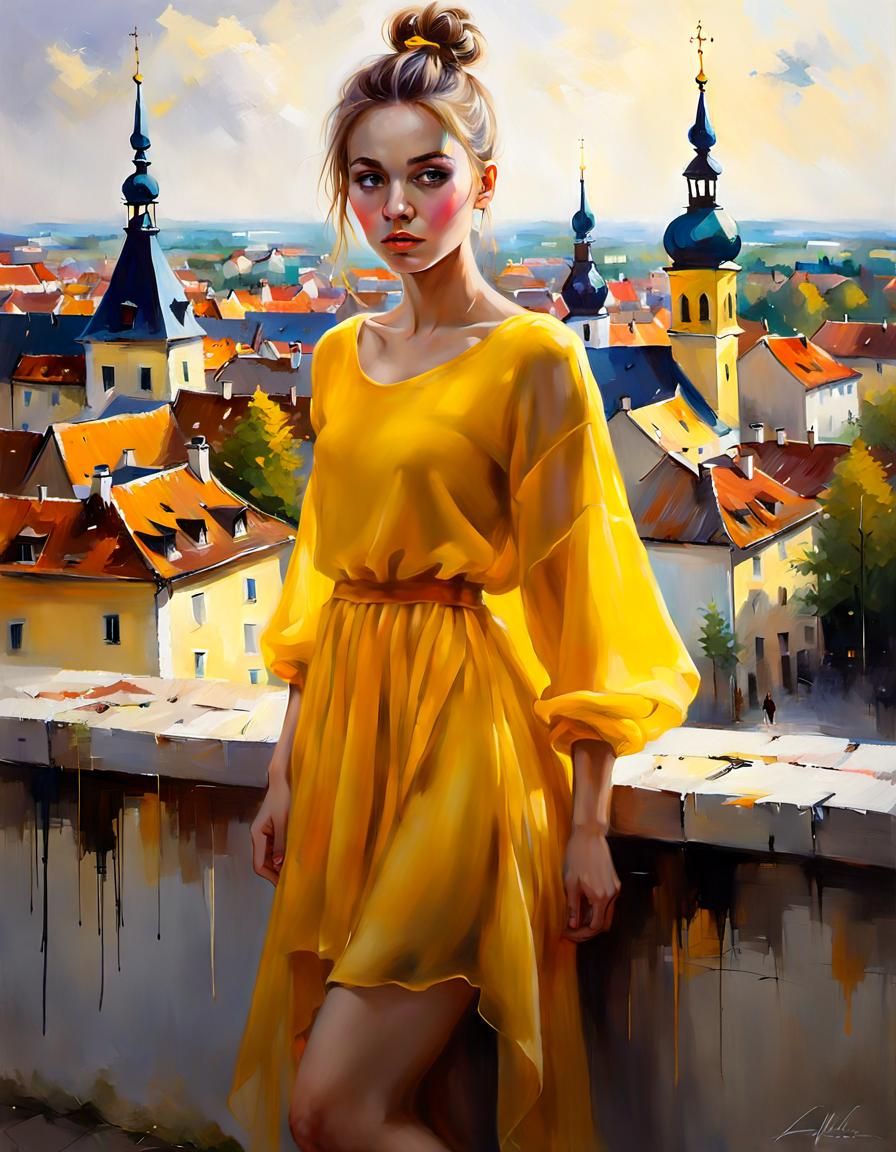 Woman in Yellow Dress, Bratislava, Oil Painting Style