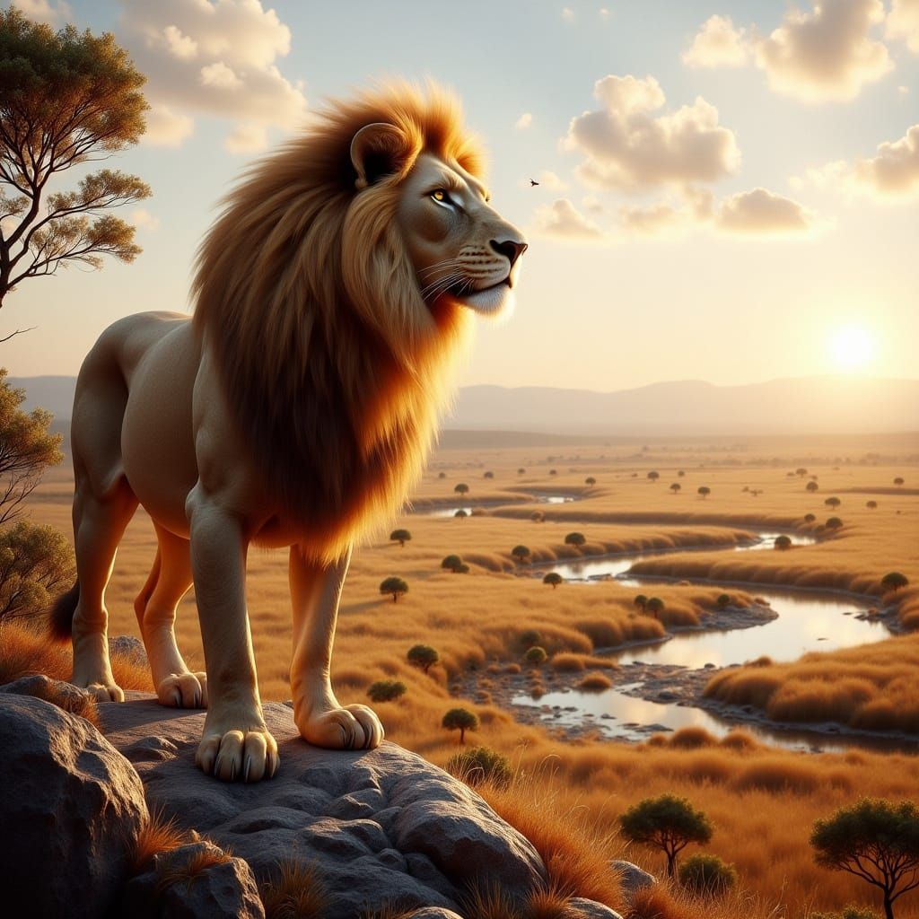 Majestic Lion Standing Proudly on Rocky Outcrop in Hyperreal...