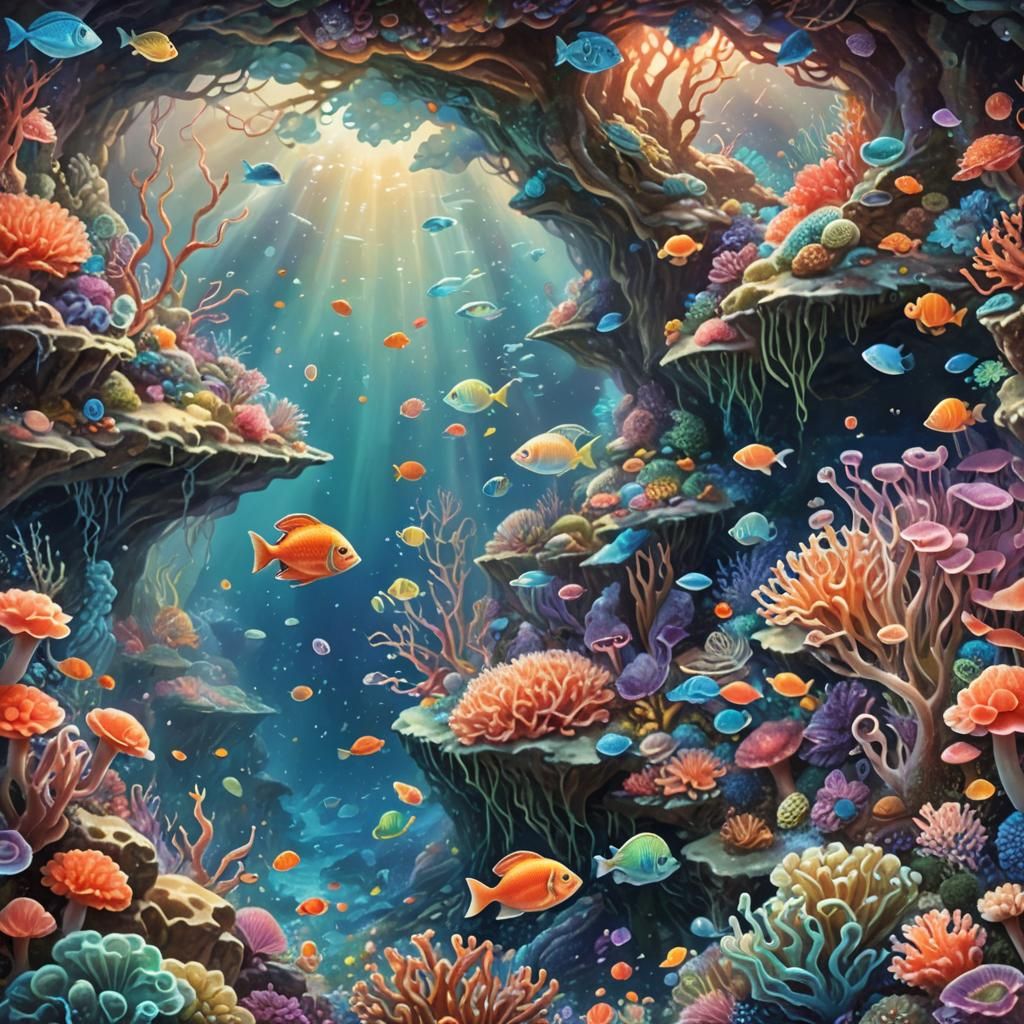 Coral Reef Cave with Shimmering Light, Fantasy Illustration