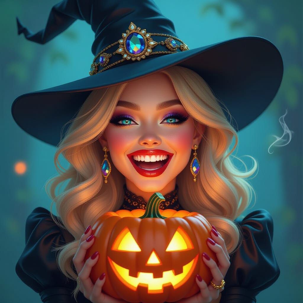 Femme Fatale Witch with Smoking Jack-o'-lantern in Surreal S...