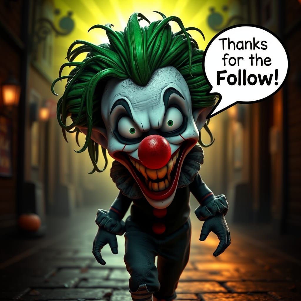 Sinister Cartoon Clown Walking on Spooky Halloween Street